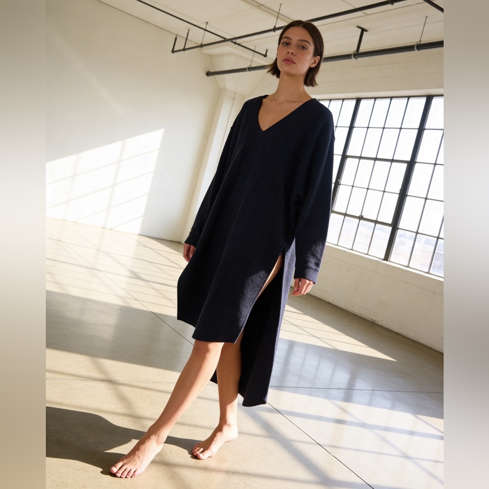 Free People FP Beach Fleece V Back Long Sleeve Dress / Tunic Top in Navy Blue